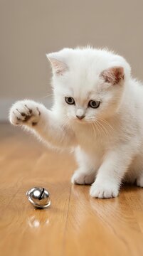 White fluffy kitten with cream-colored markings playing with a silver bell toy on wooden floor. Young cat reaching toward toy with paw raised, displaying playful behavior and curiosity.