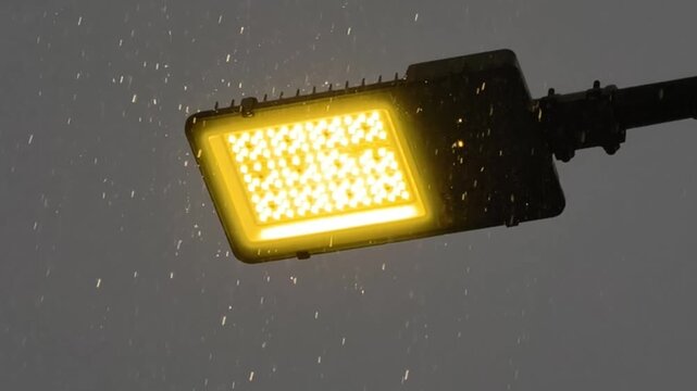 A close up shot of a bright yellow LED floodlight illuminating outdoors at night.
