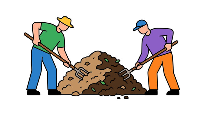 Gardeners working together to turn soil in a compost heap