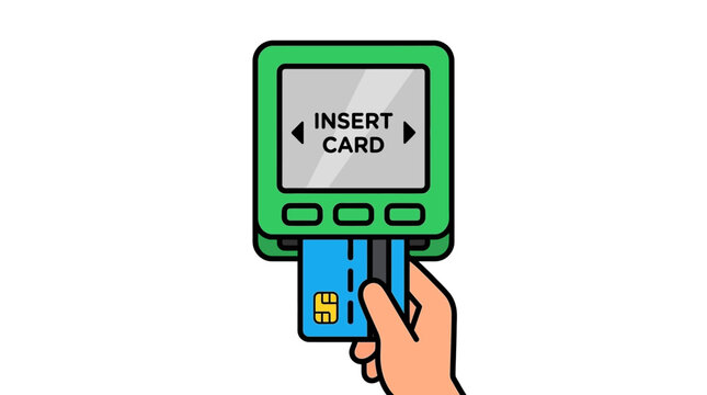 Hand inserting a credit card into a green payment terminal