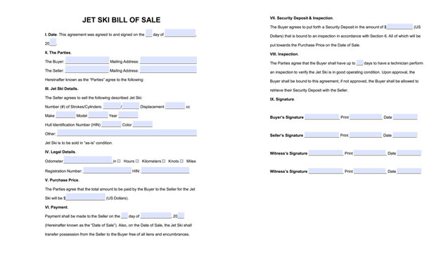 Jet Ski Bill of Sale Form, color vector illustration