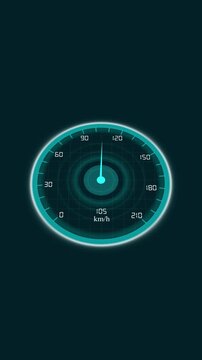 Teal speedometer gauge with glowing dial and needle. Speedometer dashboard symbol for network data download bandwidth. Digital speedometer animation for technology.