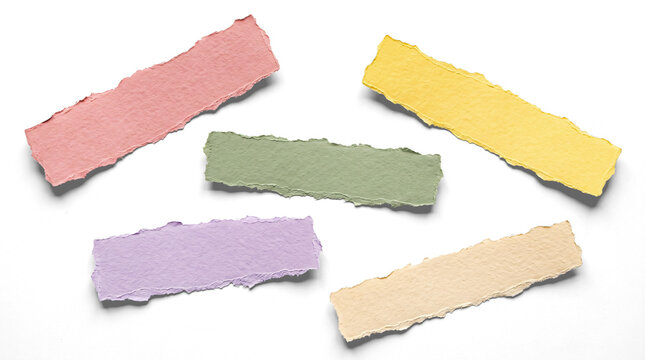 Set of colorful torn paper strips in pastel pink, yellow, green, purple and beige isolated on white background