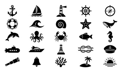 Set of black nautical icons including anchor, sailboat, lighthouse, helm, compass, lifebuoy, wave, seashell, starfish, whale, dolphin, octopus, crab, fish, seahorse on transparent background © Yurii