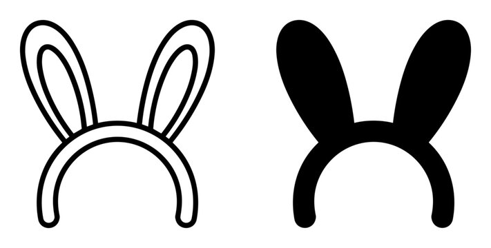 Vector illustration of bunny ear headbands in outline and silhouette style on transparent background