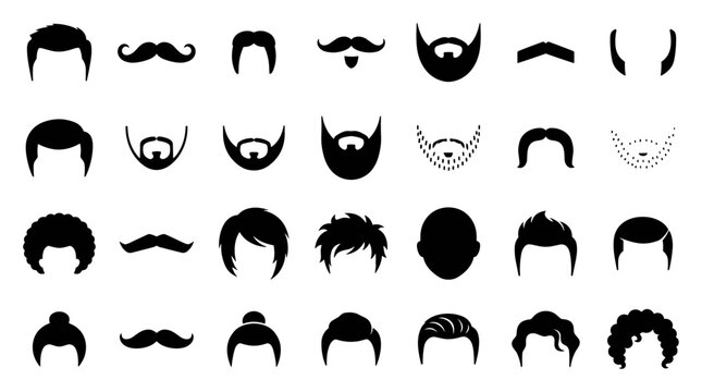 Collection of diverse black silhouette male hairstyles and facial hair icons including mustaches, beards, afros, bald heads, and various haircuts on transparent background
