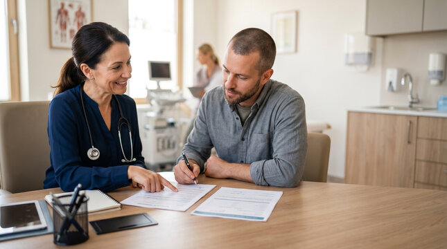 Physician reviews medical paperwork with patient before signing during healthcare consultation, highlighting informed consent, clinical communication and shared treatment decisions with copy space.