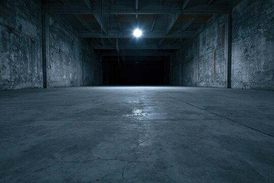 The Empty Warehouse Illuminated by a Sole Overhead Light in the Distance