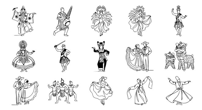 Diverse Cultural Dancers Collection: Line Art International Folk Performance Figures