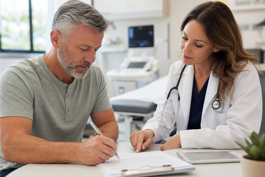 Physician reviews medical paperwork with patient before signing during healthcare consultation, highlighting informed consent, clinical communication and shared treatment decisions with copy space.