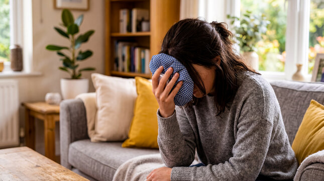 Woman sitting on couch with hot pack on head showing discomfort. Living room has sunlight, plants on table, and cozy decor. Concept of wellness, home remedies, health care