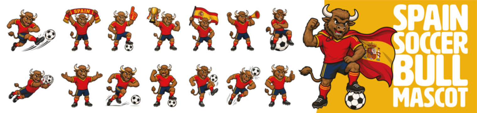 Set of Spain soccer bull mascots in different poses with football, flag, trophy and scarf for Spanish team supporter graphics