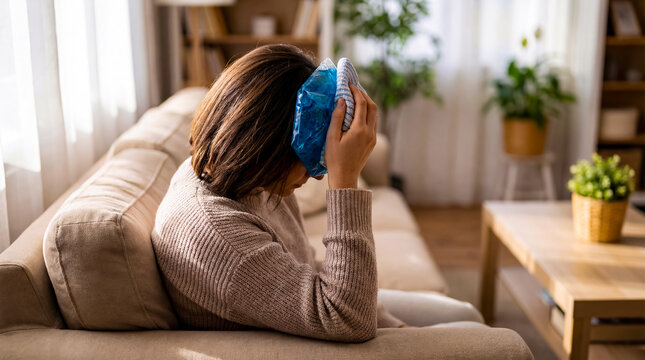 Woman sits on couch holding ice pack on head. Room has sunlight and plants. Concept of home care, headache management, comfort during pain