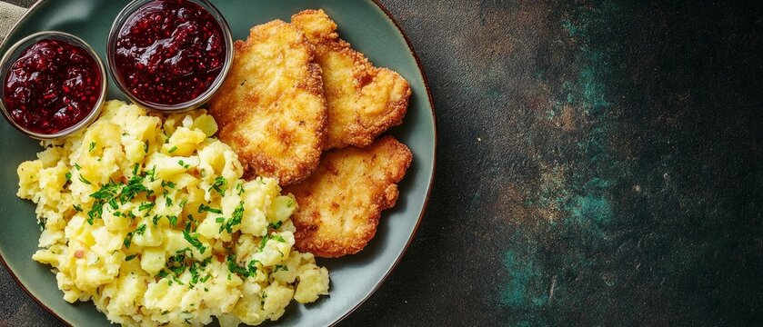 Golden brown schnitzel served with creamy potato salad and tangy lingonberry sauce on a green plate, traditional Austrian cuisine, copy space