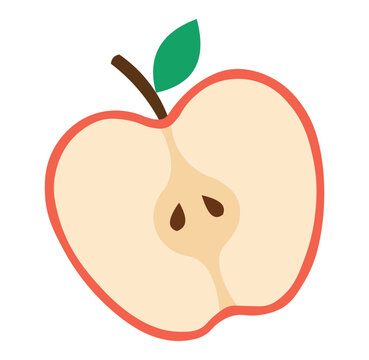 Half an apple illustration with core, seeds, stem, and green leaf