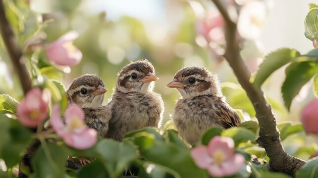 three little brown birds on blossoming tree branch