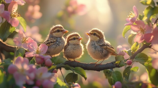 Three small birds on a branch with pink flowers