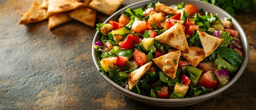 Fresh and vibrant fattoush salad with crispy pita chips, mixed vegetables, and herbs in a white bowl, accompanied by additional pita triangles on the side