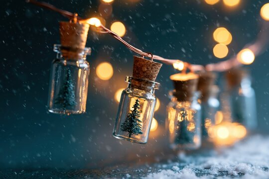 The Glass Bottle Tree Lanterns Under Snowy Night Lights with Warm Bokeh