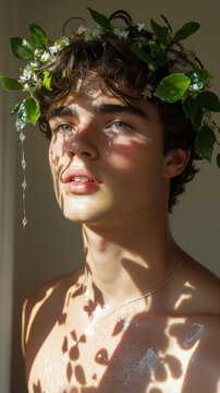 Artistic sunlit portrait of a young man wearing a leafy floral crown, with dappled botanical shadows and glistening skin