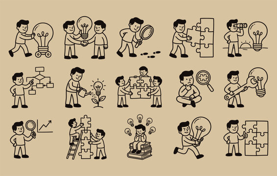 Business strategy doodle set featuring cartoon characters solving puzzles and finding creative ideas