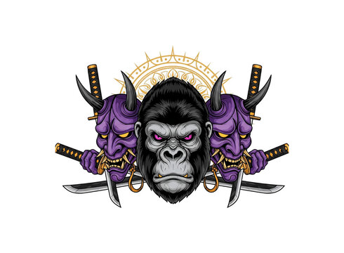 Fierce gorilla head with fierce demon masks and crossed katana swords in dramatic composition