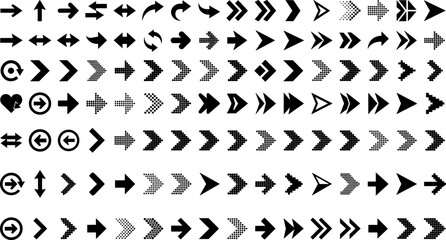 Fototapeta premium Arrow icon collection with solid, outlined, pixelated, and decorative directional symbols in grid layout design