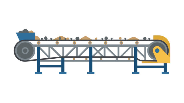 Industrial conveyor belt system with blue frame and yellow motor moving brown objects on a white background.