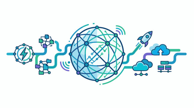Abstract digital network connecting global data and cloud services with a rocket