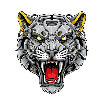 Aggressive robotic panther face with glowing yellow eyes and bared fangs in aggressive pose