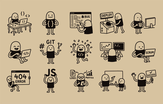 Software programmer doodle set featuring cute cartoon developer characters writing code fixing bugs deploying applications and celebrating programming success