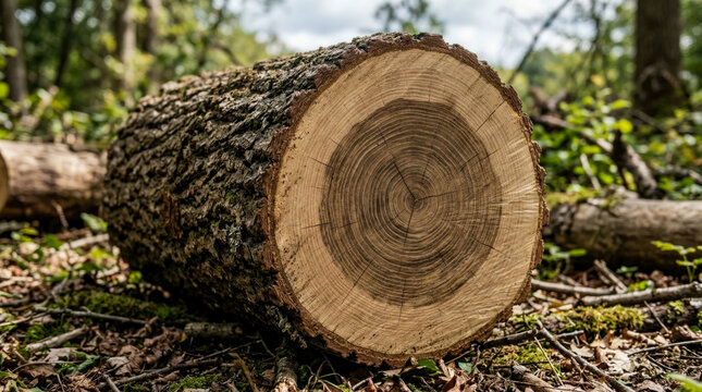 Close-up of Freshly Cut Tree Log in Lush Forest Showing Detailed Annual Growth Rings and Rough Bark Texture on Woodland Floor with Green Foliage in Blurred Background