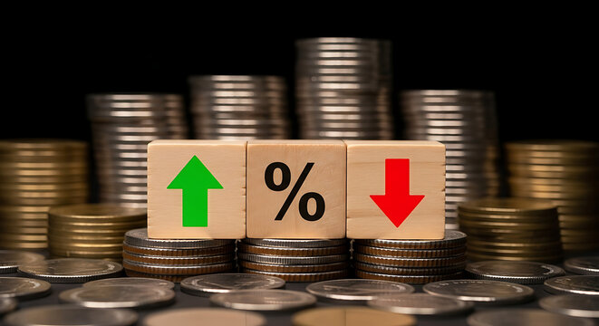 Interest rate cut concept with falling percentage symbol. Financial savings growth and investment strategy on wooden table with coins.