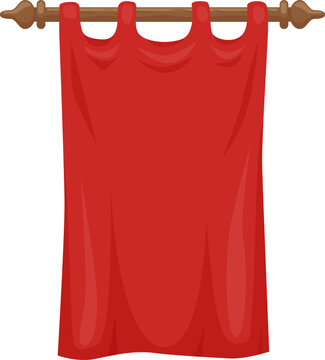 A red curtain hangs from a wooden rod with decorative ends. Banner vector illustration Vector illustration