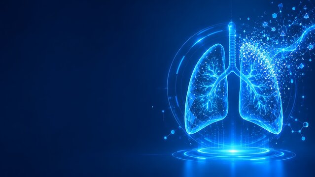 Abstract blue glowing digital lung structure model floating in dark space. world lung cancer day medical technology neon hologram. world lung cancer day, medical technology neon