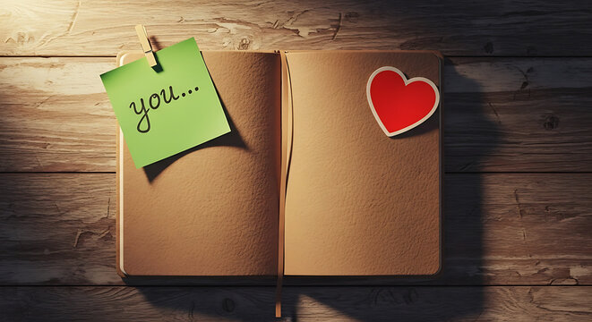 Open notebook with heart and note. Romantic message on wooden table background.