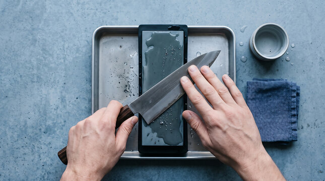 Top view of male hands sharpening a professional Japanese chef knife on a wet whetstone sharpener block over a metal tray kitchen tool maintenance and craft routine