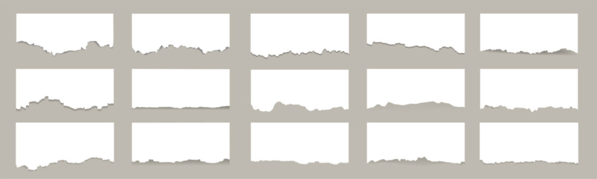Collection of white torn paper strips with realistic rough edges. Blank ripped paper elements on transparent background.