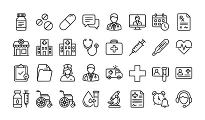 Fototapeta premium Healthcare editable line icon set with medication consultation and pharmacy vector