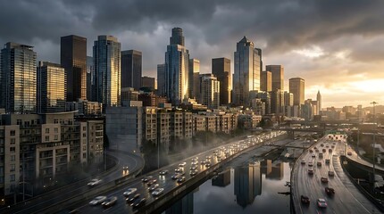 Obraz premium Aerial city skyline and highway at sunset.