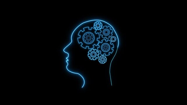 Human head silhouette displays internal mechanical brain cogwheels animation. Advanced brain cogwheels map logical functions. Smart brain cogwheels process metrics data.