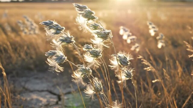 Feathery seed heads glow above cracked earth at sunset, revealing resilient plants in the grasslands shaped by drought, warm backlight, soft wind, and a fragile dry-season prairie atmosphere
