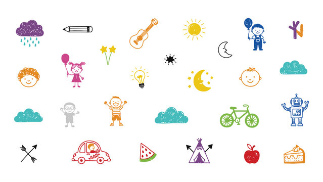 Colorful kid childhood icons set including people objects food and symbols on white background