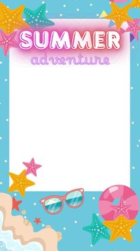 Summer adventure glowing neon text on blue frame with cartoon starfish, sunglasses and swim ring, vertical border with white copy space