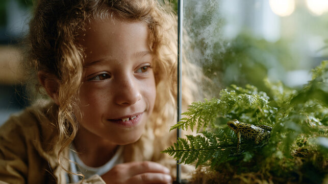 A child with gap teeth presses her face close to a glass terrarium wall, fogging it with breath, watching a tiny dart frog perched on a miniature fern frond, capturing childhood
