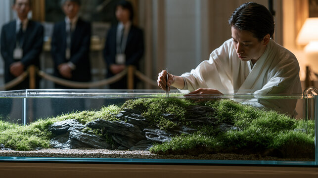 An aquascaping competitor arranges dwarf hairgrass around a slate hardscape in a 120 litre tank at a planted aquarium trade competition, tweezers steady, judges observing from