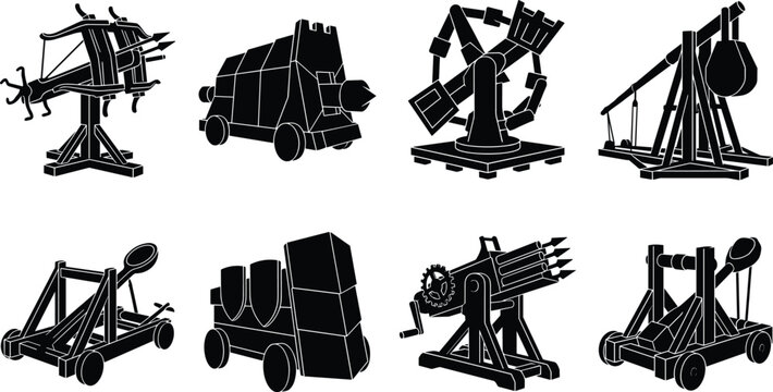 Siege Weapon Silhouette Icon Set Featuring Catapults, Ballista, and Trebuchets