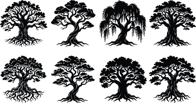 Tree Silhouette Icon Set Featuring Diverse Natural Designs