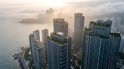 Fototapeta premium Aerial view of coastal city skyline in morning fog