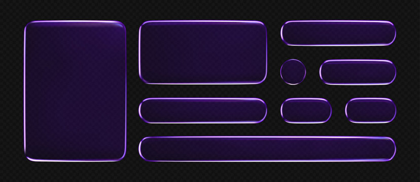 3D purple liquid glass buttons with a transparent neon futuristic effect, isolated on dark background. Neon liquid glass frame, UI UX elements for phone app or game interfaces. 3D tech digital vector